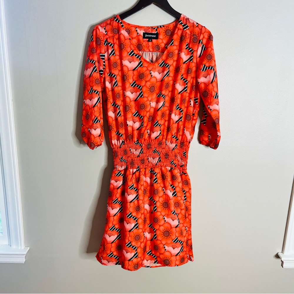 Betabrand Size Small Blouson Floral V-neck Mini Red Smocked Waist Dress